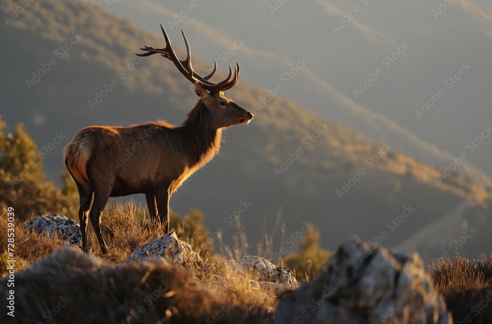 Obraz premium Adult male deer with large antlers standing on a mountain ridge