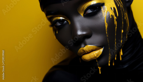 Portrait of a beautiful woman with creative yellow makeup and dripping paint