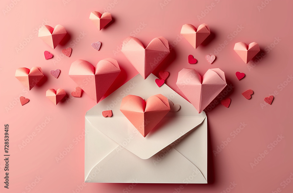 Valentine's Day concept with 3D paper hearts and envelope on a pink background.