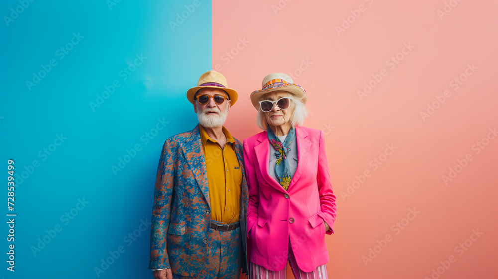 Senior fashion couple posing against blue pink background color.