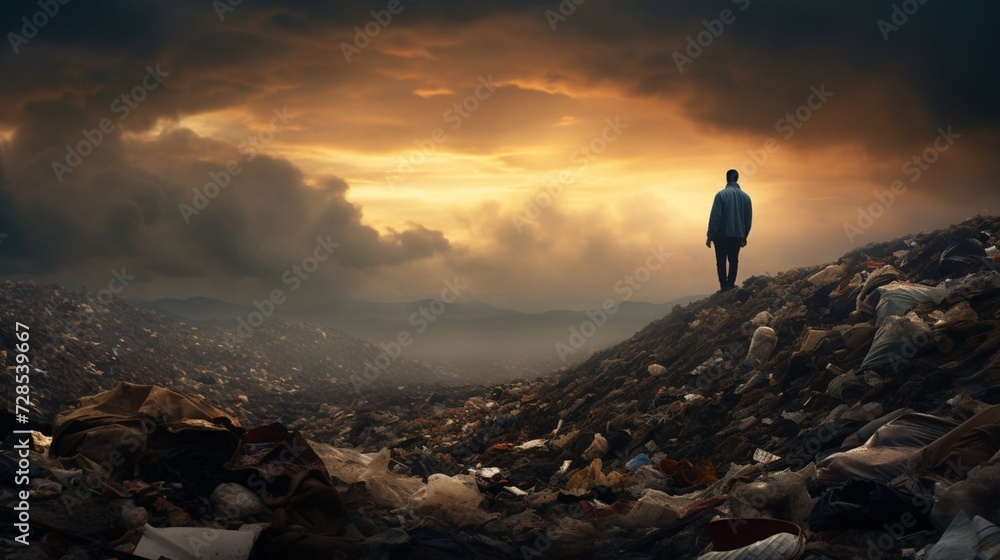 A solitary figure standing at the edge of a landfill, highlighting the issue of waste management