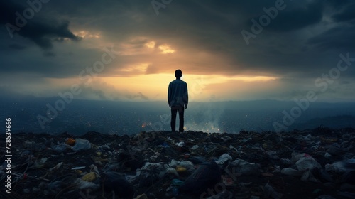 A solitary figure standing at the edge of a landfill, highlighting the issue of waste management