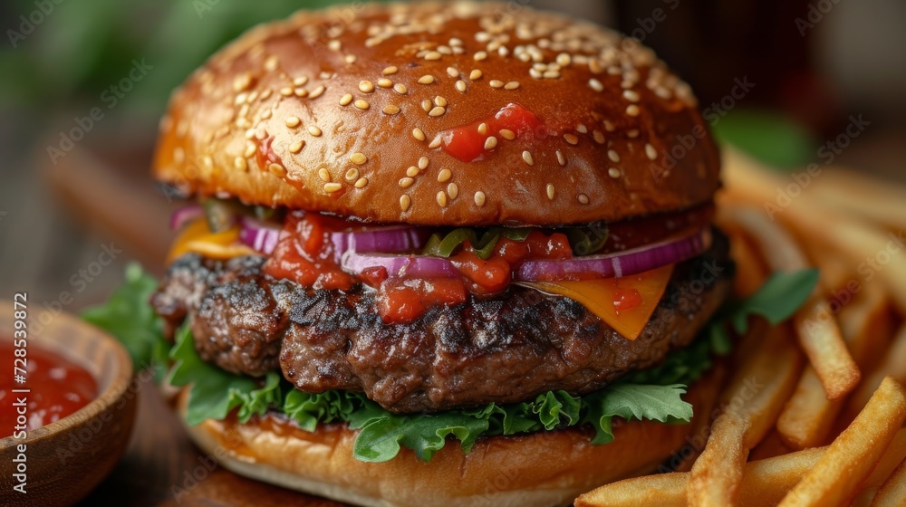 Mouthwatering Burger with Fries, a close-up of a juicy burger loaded with toppings, accompanied by golden crispy fries. Mouthwatering Burger with Fries, a close-up of a juicy burger loaded with toppings, accompanied by golden crispy fries.