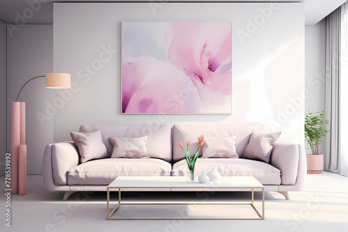 Modern room in pastel palette. Living room with sofa, coffee table, wall painting and floor lamp. Minimalist design in pink lavender color