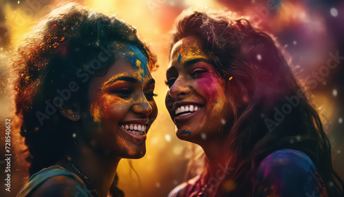 Two women hugging in colors , happy holi indian concept