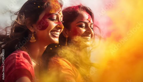 Two women hugging in colors , happy holi indian concept