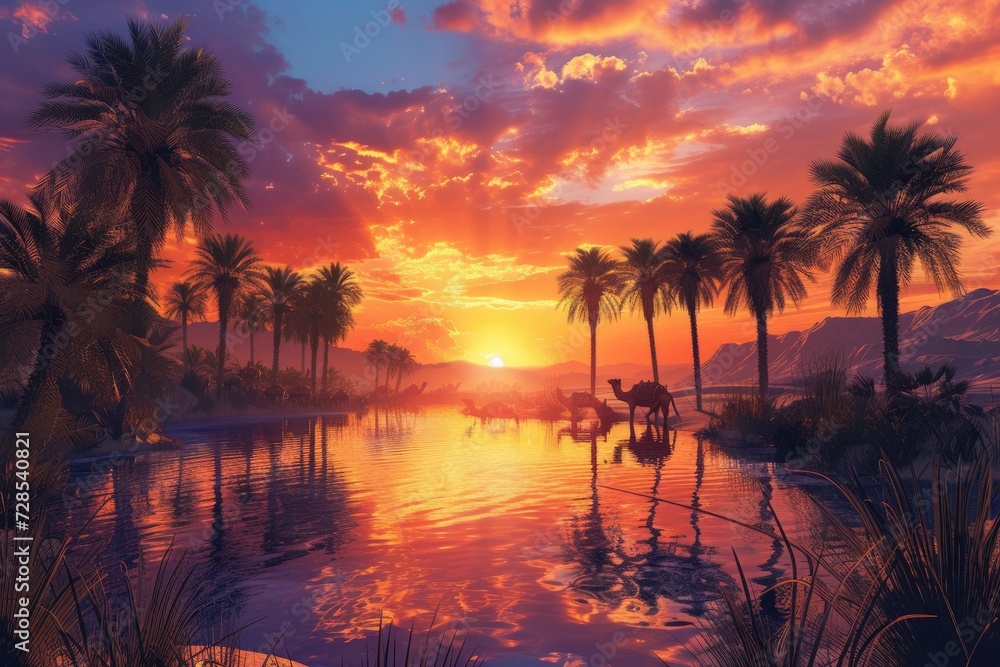 A tranquil oasis scene at sunset with silhouettes of camels and towering palm trees reflected in water. Resplendent.