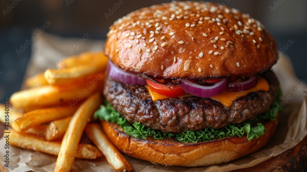 Mouthwatering Burger with Fries, a close-up of a juicy burger loaded with toppings, accompanied by golden crispy fries. Mouthwatering Burger with Fries, a close-up of a juicy burger loaded with toppings, accompanied by golden crispy fries.