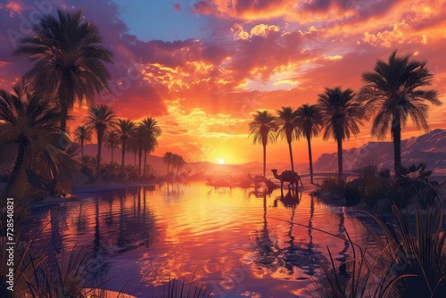 A tranquil oasis scene at sunset with silhouettes of camels and towering palm trees reflected in water. Resplendent. © Summit Art Creations