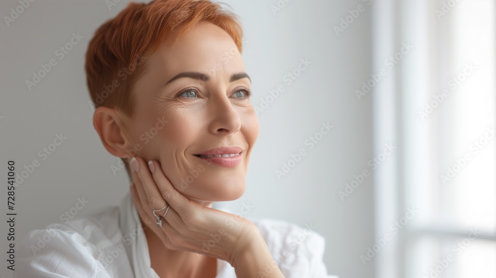 Headshot of middle aged beautiful middle aged 50s woman with short red haircut looking up sitting in light white office room touching her skin happily smiling