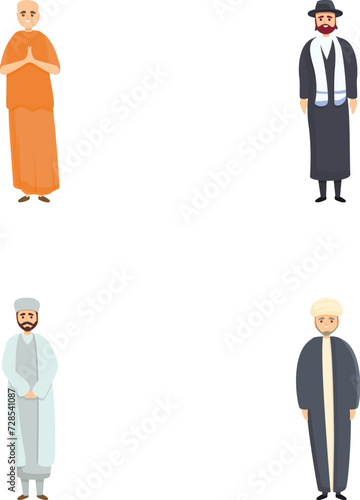 Religion people icons set cartoon vector. Various religious church leader. World religations