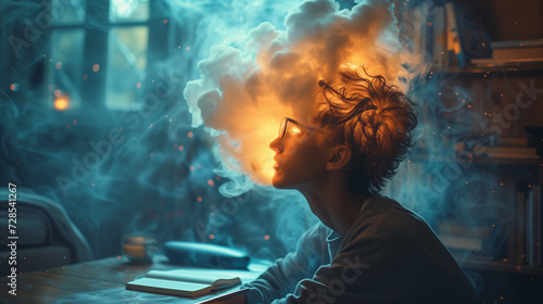 Person with a cloud of light representing thoughts around head photo