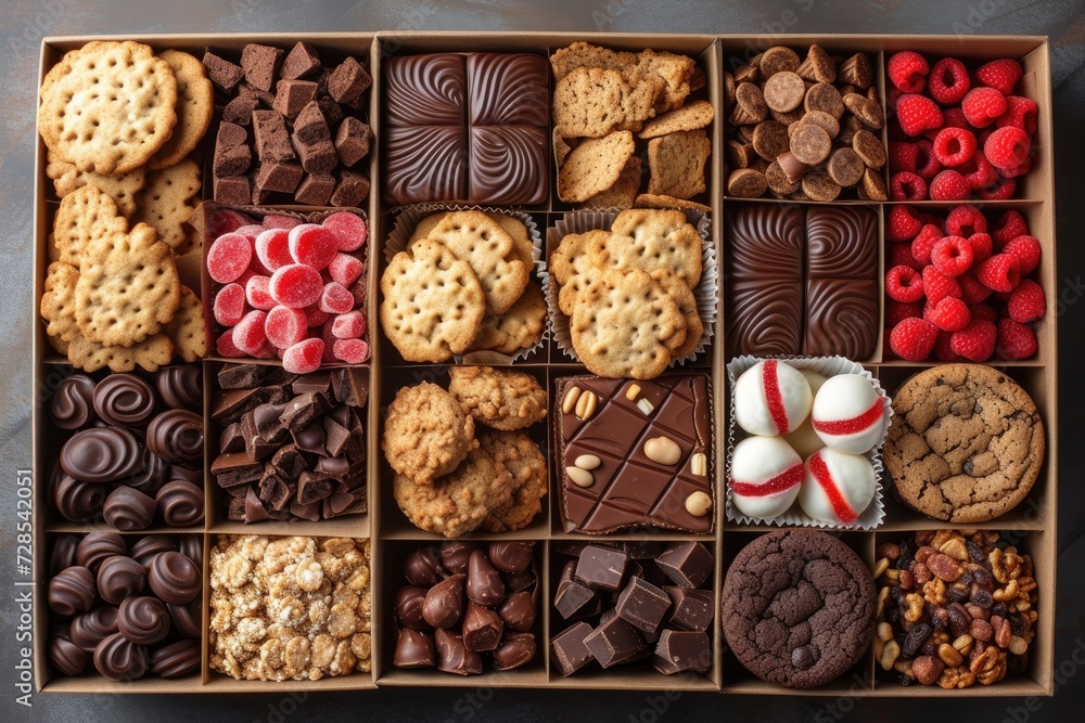 A large gift box filled with a variety of chocolates and cookies professional advertising food photography A large gift box filled with a variety of chocolates and cookies professional advertising food photography