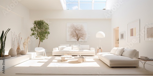 Bright sunlight fills the large, white living area. © Lasvu