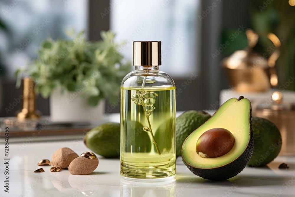 avocado oil extract with isolated kitchen table professional advertising food photography avocado oil extract with isolated kitchen table professional advertising food photography