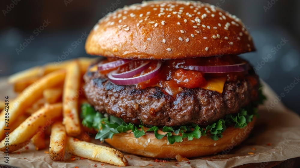 Mouthwatering Burger with Fries, a close-up of a juicy burger loaded with toppings, accompanied by golden crispy fries. Mouthwatering Burger with Fries, a close-up of a juicy burger loaded with toppings, accompanied by golden crispy fries.