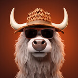 A yak, Bos grunniens, with sunglasses and white hat, long coat. 3D rendering concept design illustration.