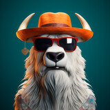 A yak, Bos grunniens, with sunglasses and white hat, long coat. 3D rendering concept design illustration.