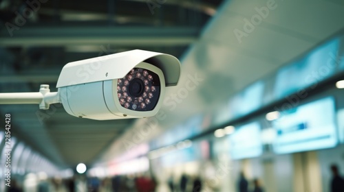A security camera mounted to the side of a building. Can be used for surveillance and monitoring purposes