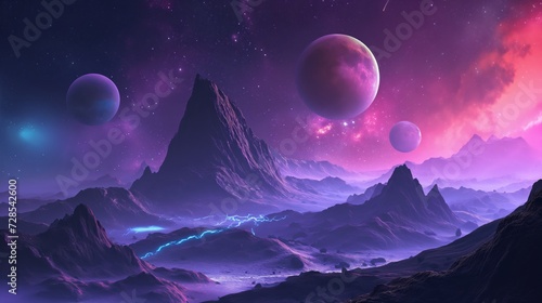 A fantastical extraterrestrial landscape with a mountainous terrain under a starry sky, illuminated by the ambient light from multiple vibrant planets. photo