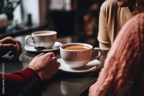 A couple sitting at a table  enjoying cups of coffee. Suitable for coffee shop promotions or lifestyle blogs