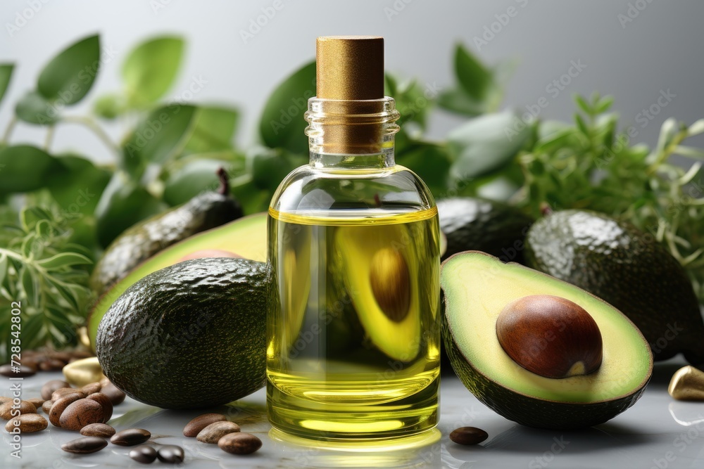 avocado oil extract with isolated kitchen table professional advertising food photography avocado oil extract with isolated kitchen table professional advertising food photography