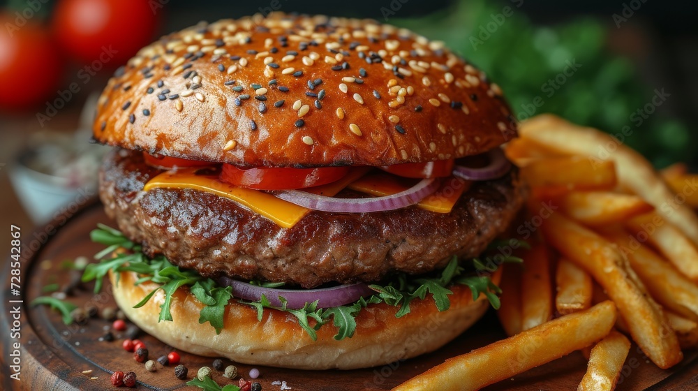 Mouthwatering Burger with Fries, a close-up of a juicy burger loaded with toppings, accompanied by golden crispy fries. Mouthwatering Burger with Fries, a close-up of a juicy burger loaded with toppings, accompanied by golden crispy fries.
