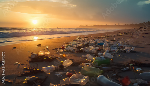 The beach at sunset is full of garbage and plastic
