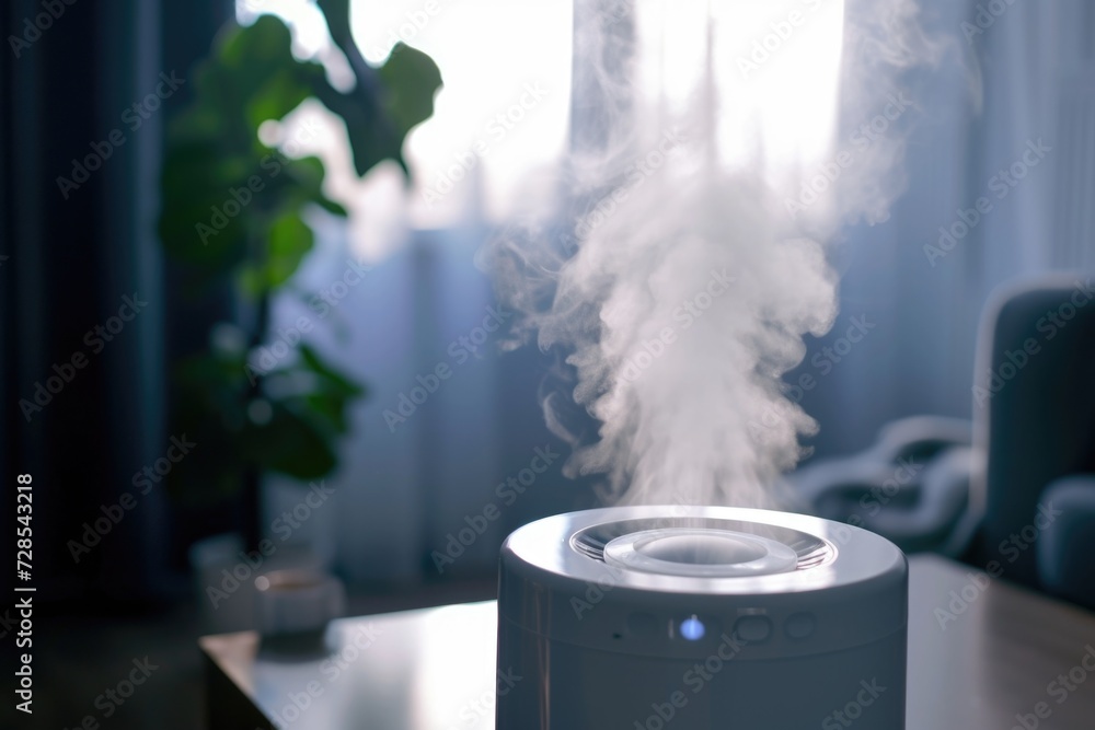 A compact and efficient humidifier sitting on top of a sturdy wooden table. Perfect for adding moisture to any room. A compact and efficient humidifier sitting on top of a sturdy wooden table. Perfect for adding moisture to any room.