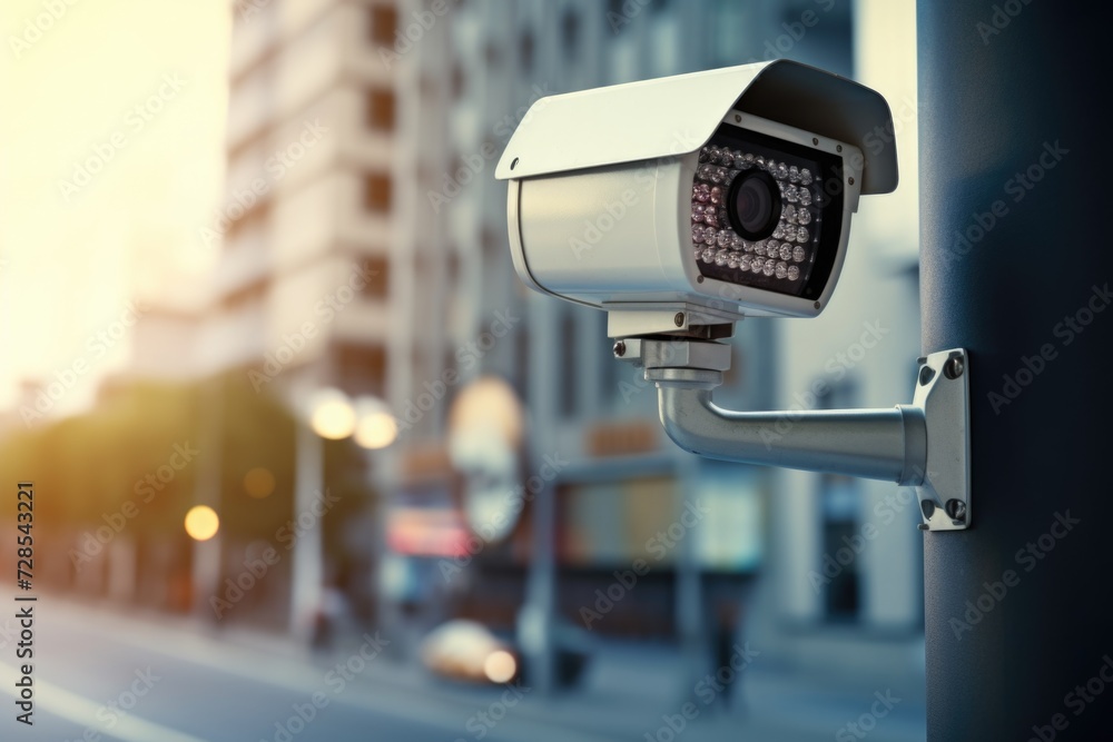 A camera mounted on a pole on a city street. Can be used for surveillance or monitoring purposes A camera mounted on a pole on a city street. Can be used for surveillance or monitoring purposes