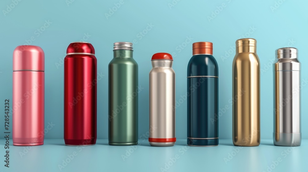 A row of different colored stainless steel water bottles. Perfect for staying hydrated on the go A row of different colored stainless steel water bottles. Perfect for staying hydrated on the go