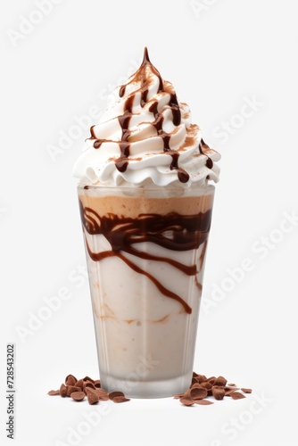 A delicious chocolate milkshake topped with fluffy whipped cream and sprinkled with chocolate chips. Perfect for indulging in a sweet treat. Ideal for use in food and beverage related designs