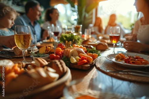 A group of people gathered around a dinner table, enjoying a meal together. Perfect for illustrating family dinners, social gatherings, or corporate events