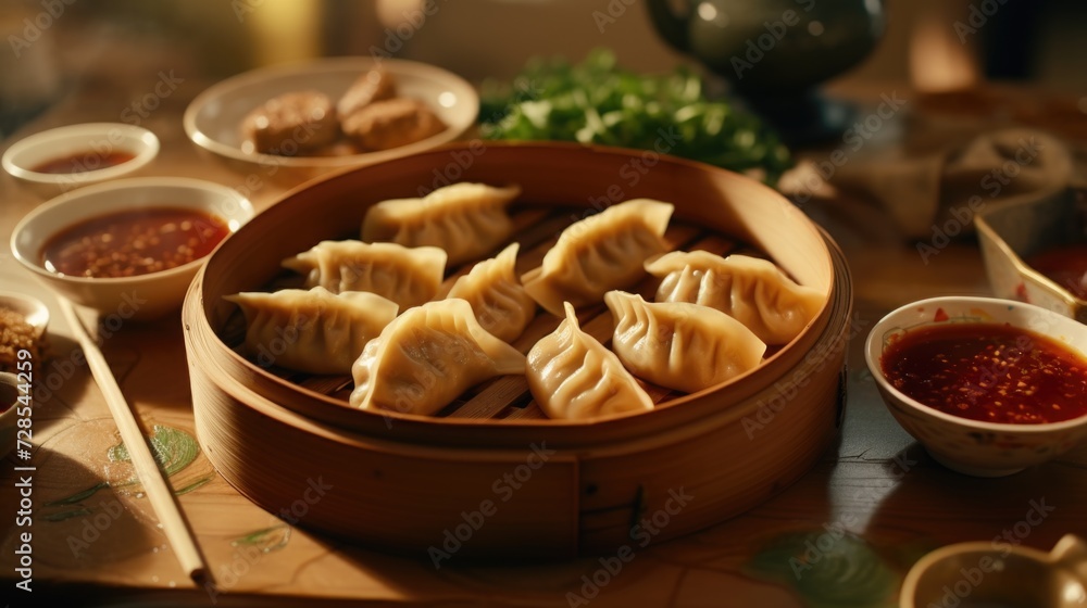 A wooden bowl filled with delicious dumplings and a variety of dipping sauces. Perfect for Asian cuisine or food-related designs