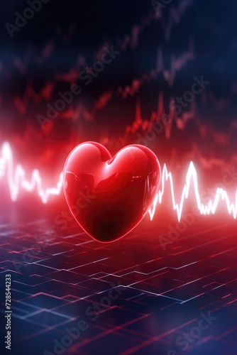 A red heart on a computer keyboard with a line of heartbeats in the background. This image can be used to represent love, technology, or the connection between emotions and digital communication