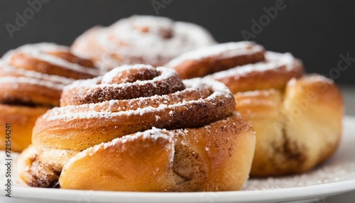 Close-up of cinnamon buns with powdered sugar. Fresh bakery.