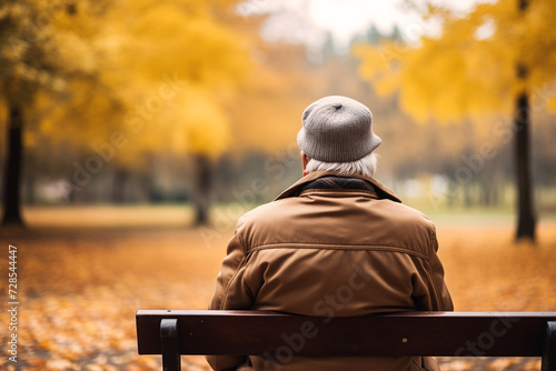 Grey-haired senior man resting on bench in park, admiring nature, back view. AI Generative