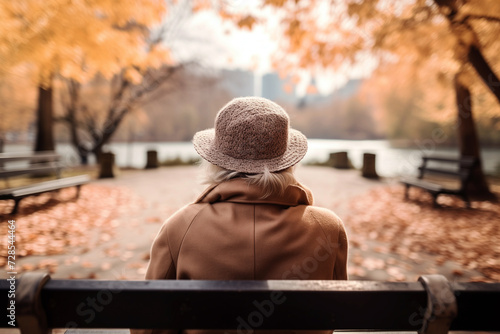 Grey-haired senior woman resting on bench in park, admiring nature, back view. AI Generative