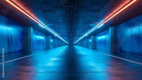 Empty underground canvas bathed in blue light—an atmospheric backdrop with ample space for text or showcasing products in a captivating setting.