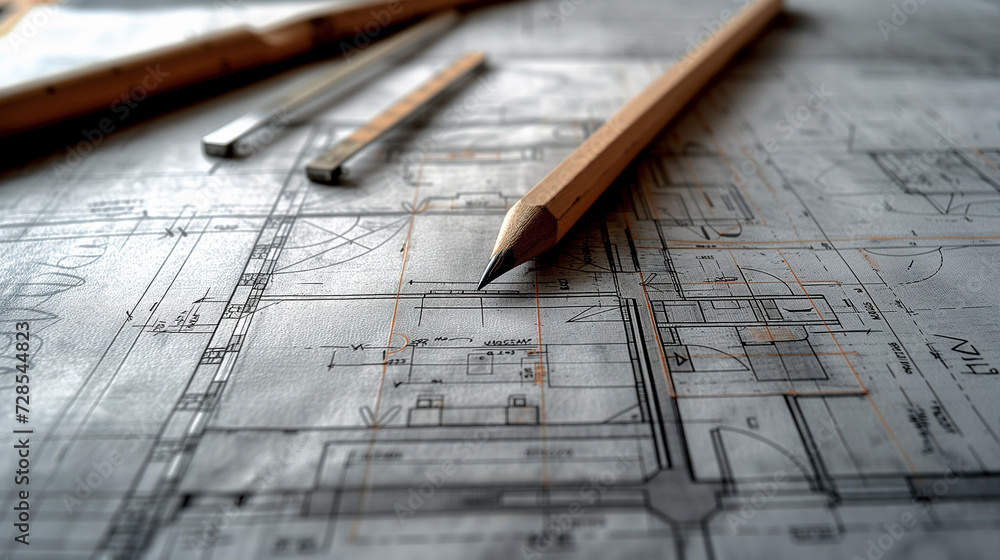 meticulously drawn plans adorned with architect's pencils lay meticulously drawn plans adorned with architect's pencils lay