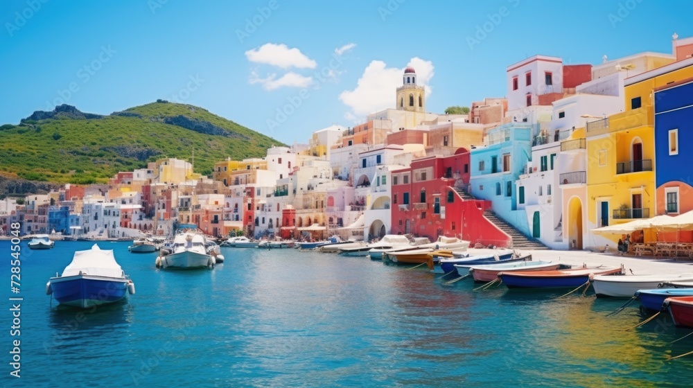 Colorful buildings stand in front of the water, where boats are docked. This picture can be used to depict a vibrant waterfront scene