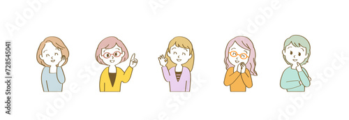 吹き出しセリフが似合うポジティブな表情の40代女性セット/横長/カジュアル/主線あり
