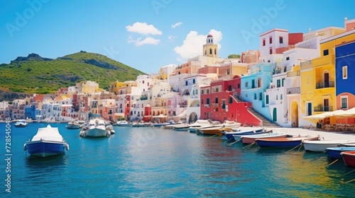 Colorful buildings stand in front of the water, where boats are docked. This picture can be used to depict a vibrant waterfront scene