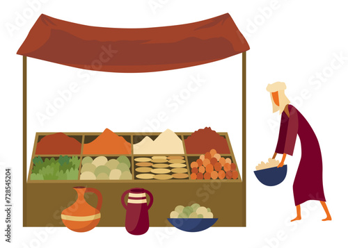 Middle east. Arab or Asian outdoor street market or bazaar. Arabic desert traditional people. Flat vector illustration in cartoon style