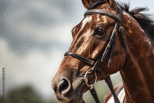 A close up shot of a horse wearing a bridle. Perfect for equestrian enthusiasts or farm-related projects