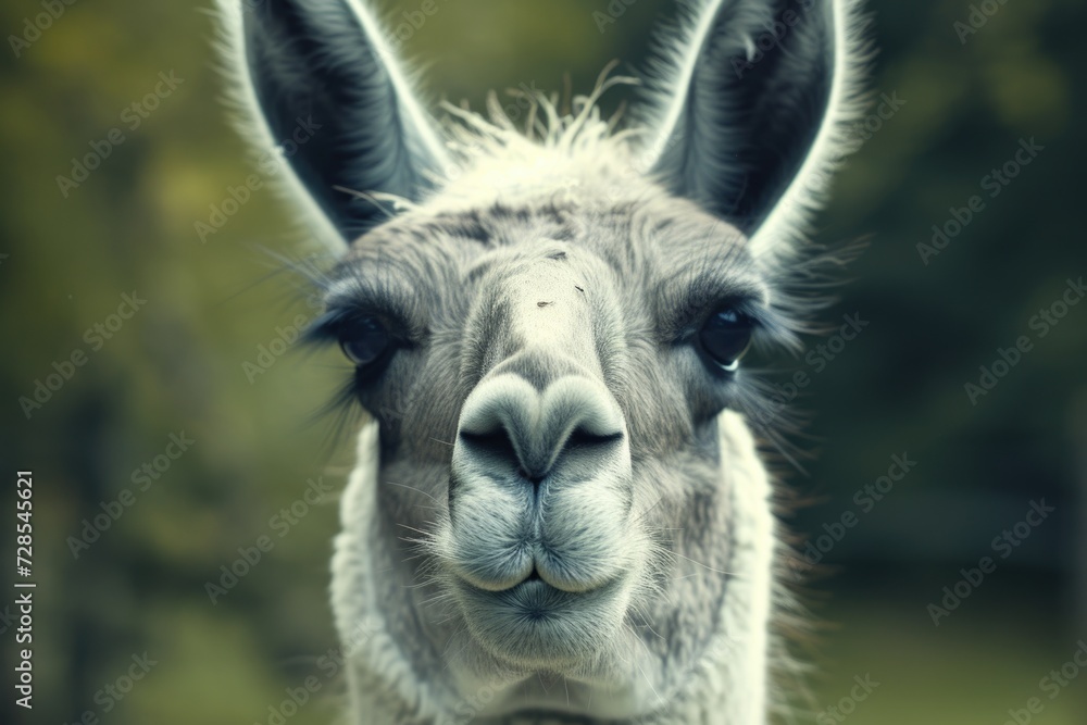 Fototapeta premium A close-up shot of a llama staring directly at the camera. This image can be used to convey curiosity, connection, or animal behavior. Ideal for websites, blogs, or educational materials