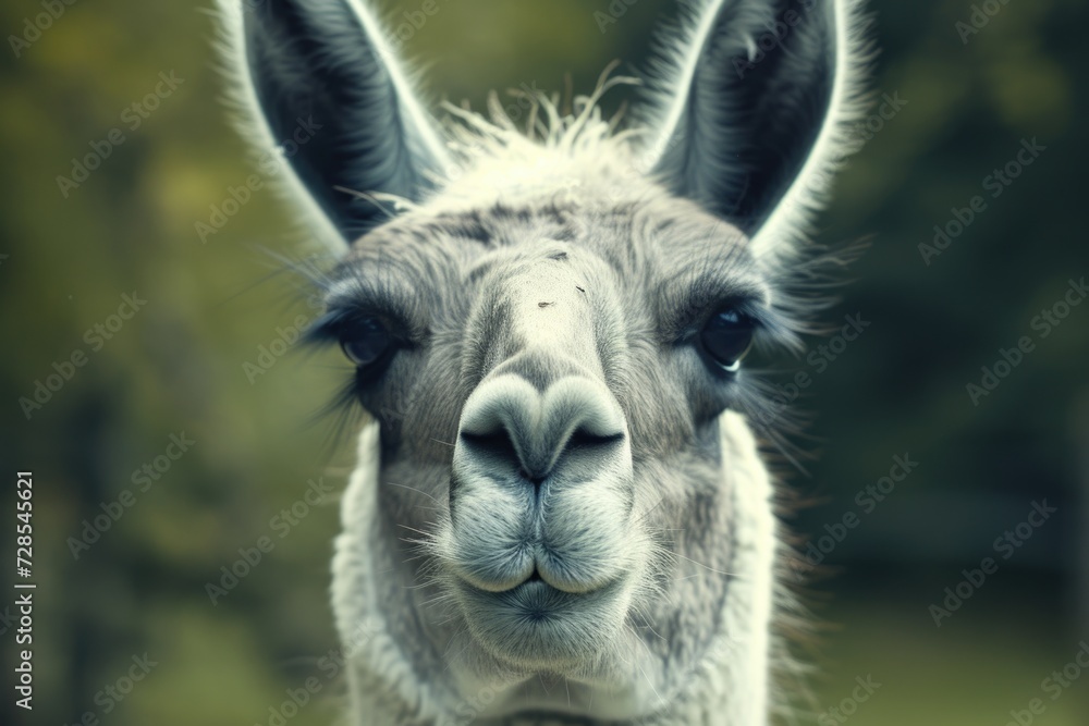 A close-up shot of a llama staring directly at the camera. This image can be used to convey curiosity, connection, or animal behavior. Ideal for websites, blogs, or educational materials