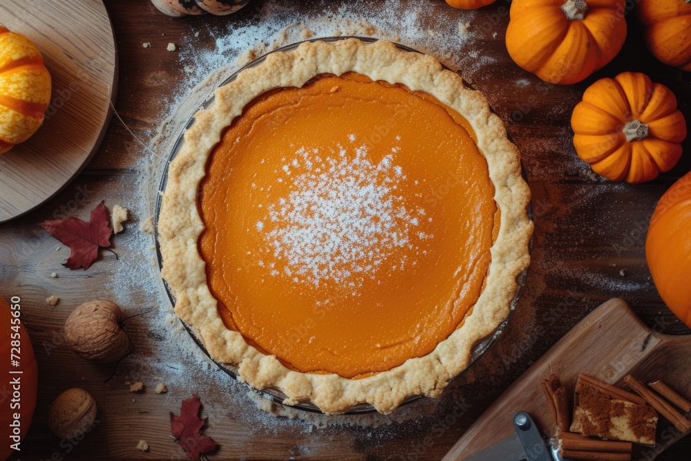 A delicious pumpkin pie placed on a rustic wooden table, with pumpkins arranged around it. Perfect for autumn-themed decorations or Thanksgiving celebrations A delicious pumpkin pie placed on a rustic wooden table, with pumpkins arranged around it. Perfect for autumn-themed decorations or Thanksgiving celebrations