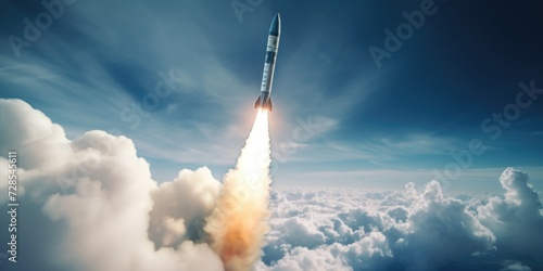 A rocket soaring through the sky with billowing clouds in the background. Suitable for space exploration, technology, and innovation concepts