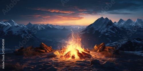 A campfire with mountains in the background. Perfect for outdoor adventures and camping themes